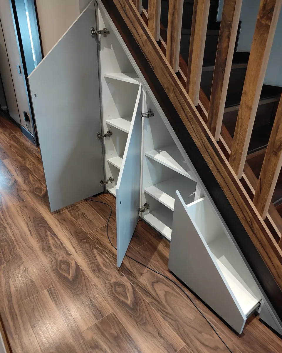 Open grey under-stairs cabinetry with drawers and internal shelving