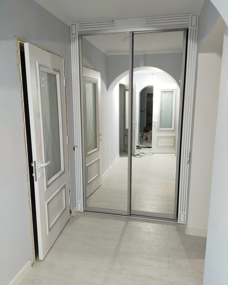 A full-height mirrored sliding wardrobe fitted along a bright hallway with pale flooring.